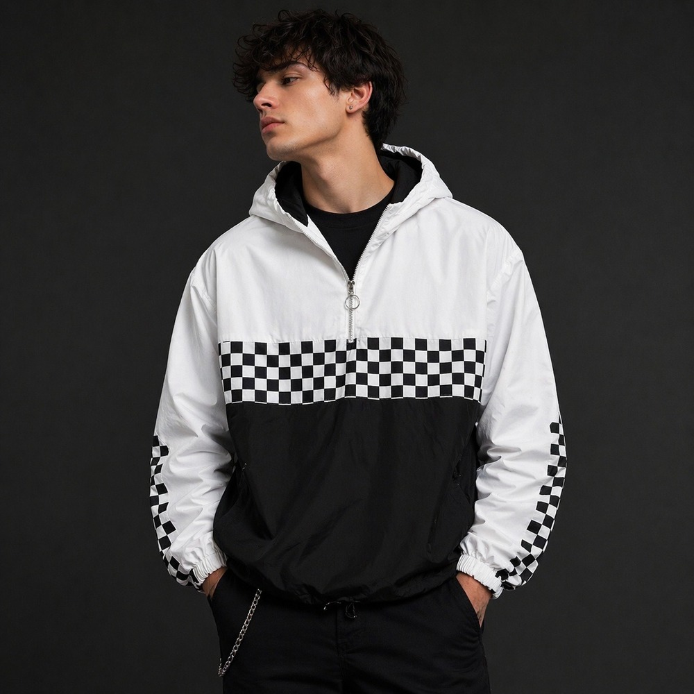 Angel kiss- Light weight windbreaker jacket checkered black and white xl